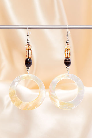 CLEAR COFFEE BEAN AND VANILLA SHELL HOOP EARRINGS