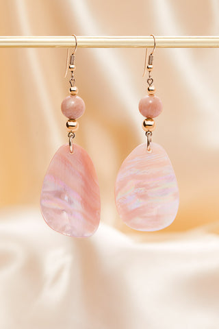 14K GOLD BABY PINK MOONSTONE AND SHELL EARRINGS