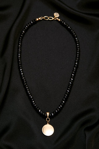 BLACK TOURMALINE NECKLACE WITH 14K GOLD CONCAVE CIRCLE PENDANT