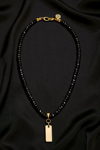 BLACK TOURMALINE NECKLACE WITH 14K GOLD RECTANGLE PENDANT