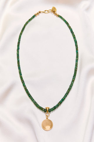 EMERALD NECKLACE WITH 14K GOLD CONCAVE CIRCLE PENDANT