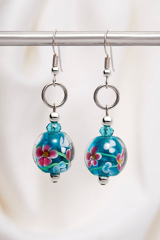 LUMINOUS TURQUOISE AND FUSHIA FLOWER DROP EARRINGS