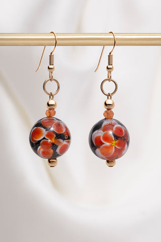 14K GOLD EXOTIC BLACK AND ORANGE FLOWER DROP EARRINGS