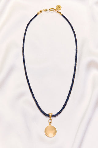 NAVY SAPPHIRE NECKLACE WITH 14K GOLD CONCAVE CIRCLE PENDANT