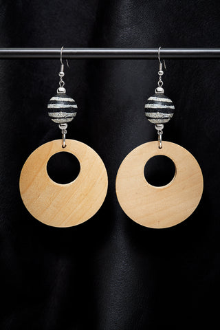BLACK AND WHITE STRIPE WOODEN HOOP EARRINGS