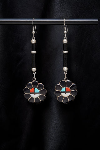 JET AND VINTAGE STERLING SILVER COLORFUL INLAY DROP EARRINGS