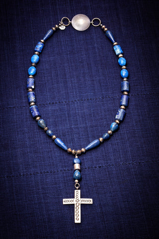 LAPIS AND VINTAGE STERLING SILVER SOUTHWESTERN CROSS NECKLACE