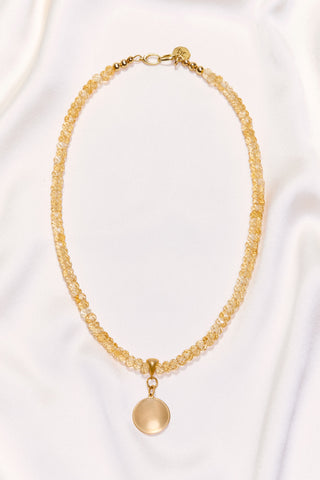 CITRINE NECKLACE WITH 14K GOLD CONCAVE CIRCLE PENDANT