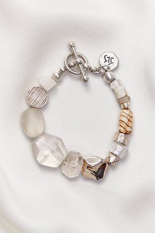 CRYSTAL QUARTZ AND STERLING SILVER GEOMETRIC SHELL BRACELET