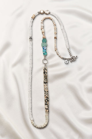 RUGGED CRYSTAL QUARTZ AND BLUE GLASS GRANITE NECKLACE