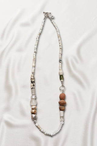 WHITE LIGHT WITH TERRA COTTA CLAY AND GREEN GLASS NECKLACE