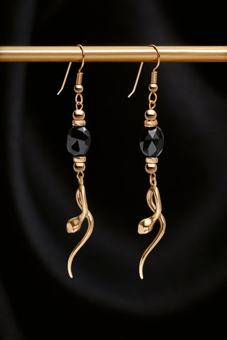 BLACK SPINEL 14K GOLD SNAKE EARRINGS