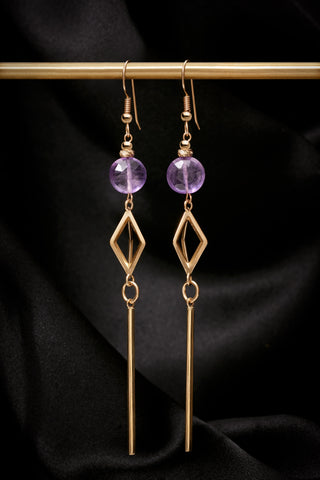 PURPLE AMETHYST 14K GOLD OPEN DIAGONAL BAR EARRINGS