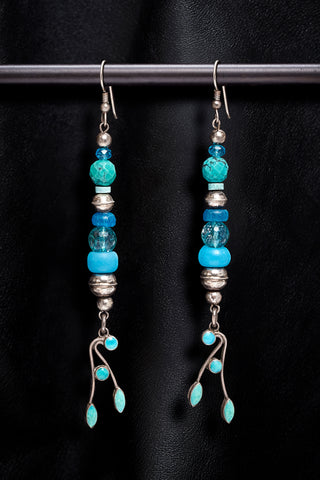 LAYERED BLUE WITH VINTAGE STERLING SILVER AND TURQUOISE VINE EARRINGS