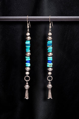LAYERED TURQUOISE HESHI WITH OXIDIZED STERLING SILVER SQUASH BLOSSOM EARRINGS