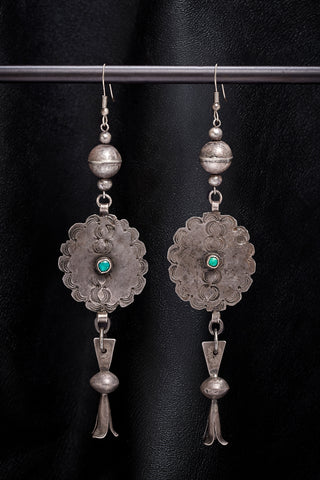 LONG STERLING SILVER BEAD WITH VINTAGE STERLING SILVER AND TURQUOISE CONCHO EARRINGS