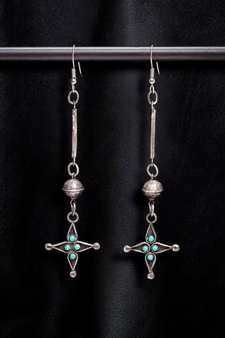 OXIDIZED STERLING SILVER BAR WITH VINTAGE STERLING SILVER AND TURQUOISE STAR DROP EARRINGS