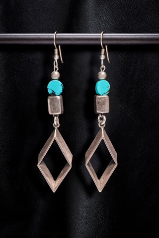 TURQUOISE AND CUBE WITH VINTAGE STERLING SILVER OPEN DIAMOND EARRINGS