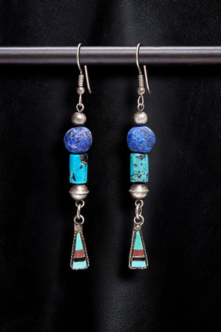SMALL LAPIS AND TURQUOISE WITH VINTAGE STERLING SILVER INLAY EARRINGS