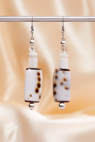 QUARTZ AND WHITE OPAL SPOTTED SHELL EARRINGS