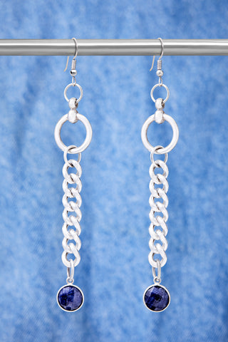 Sterling Silver Chain And Blue Sapphire Drop Earrings
