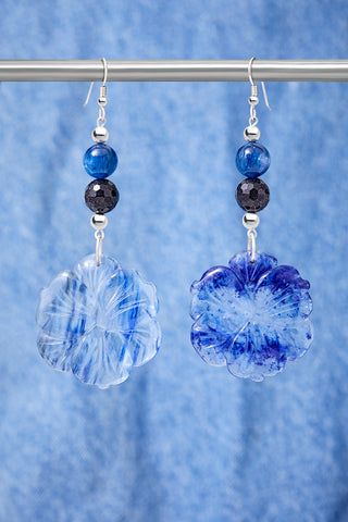 Sparkling Denim Blue Sand Quartz And Kyanite Flower Earrings