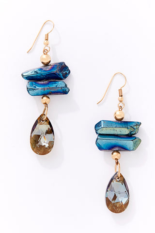 14K Gold Metallic Blue Rock Quartz Earrings