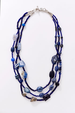 Blue Denim And Gemstones Multi-Strand Necklace