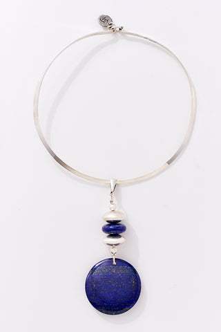 Modern Sterling Silver And Lapis Pendant Choker Necklace