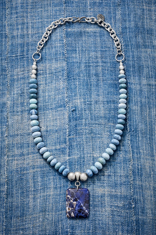 Denim Opal Chunky Chain Necklace With Rectangle Pendant Necklace