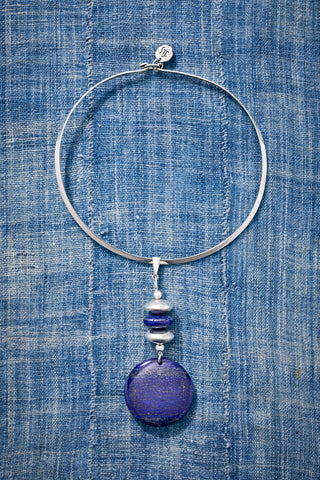 Modern Sterling Silver And Lapis Pendant Choker Necklace