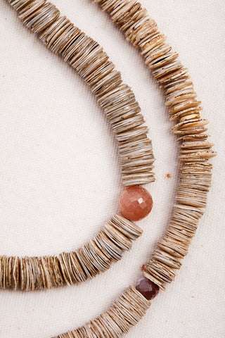 PINK MOONSTONE AND RHODOCHROSITE DOUBLE STRAND NECKLACE WITH NAGA SHELL PENDANTS