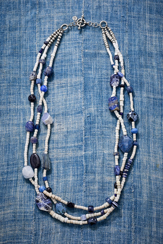 White Denim And Gemstones Multi-Strand Necklace