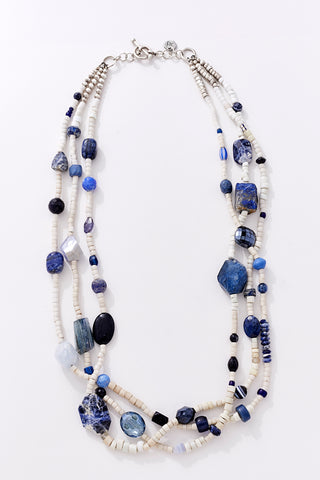 White Denim And Gemstones Multi-Strand Necklace