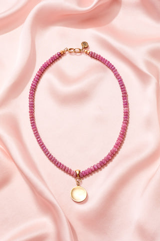 RUBY NECKLACE WITH  14K GOLD CIRCLE CONCAVE PENDANT