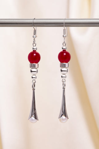 CHERRY RED JADE AND PEARL TULIP EARRINGS