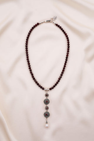 ROMANTIC RED GARNET AND FRESHWATER PEARL DROP NECKLACE