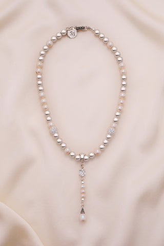 ROMANTIC STERLING SILVER WHITE CRYSTAL AND FRESHWATER PEARL DROP NECKLACE