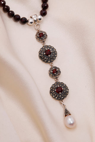 ROMANTIC RED GARNET AND FRESHWATER PEARL DROP NECKLACE