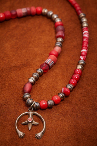 SHADES OF RED NECKLACE WITH VINTAGE STERLING SILVER AND CORAL NAJA PENDANT