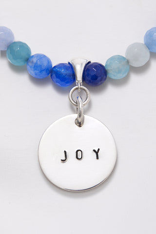 BLUE BRIGHT JOY NECKLACE WITH HAND STAMPED CIRCLE PENDANT (8MM)