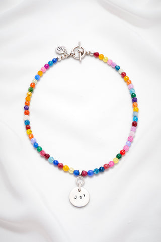 COLORFUL BRIGHT JOY NECKLACE WITH HAND STAMPED SMALL CIRCLE PENDANT (6MM)