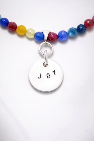 COLORFUL BRIGHT JOY NECKLACE WITH HAND STAMPED SMALL CIRCLE PENDANT (6MM)