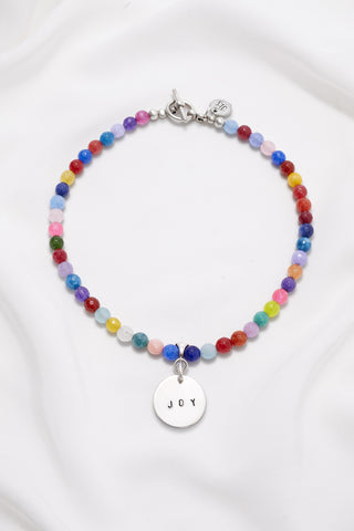 COLORFUL BRIGHT JOY NECKLACE WITH HAND STAMPED CIRCLE PENDANT (8MM)