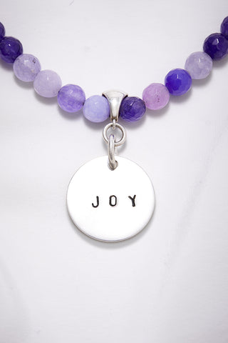 PURPLE BRIGHT JOY NECKLACE WITH HAND STAMPED CIRCLE PENDANT (8MM)