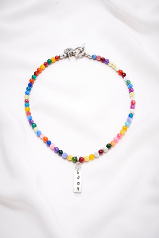 COLORFUL BRIGHT JOY NECKLACE WITH HAND STAMPED RECTANGLE PENDANT (6MM)