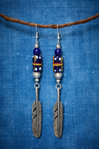 ABSTRACT NAVY STERLING SILVER FEATHER EARRINGS