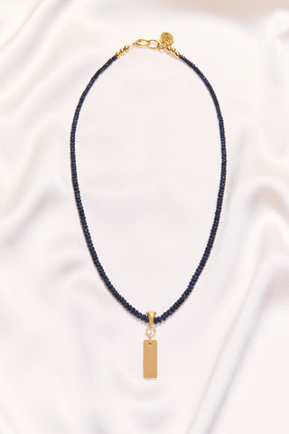 NAVY SAPPHIRE NECKLACE WITH 14K GOLD RECTANGLE PENDANT