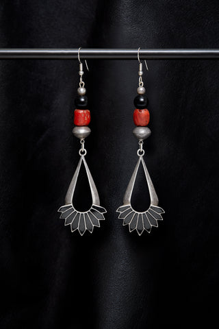 BLACK AND CORAL WITH VINTAGE STERLING SILVER INLAY DROP EARRINGS