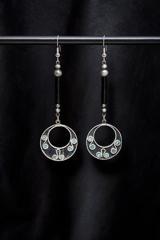 JET AND VINTAGE STERLING SILVER TURQUOISE INLAY DROP EARRINGS
